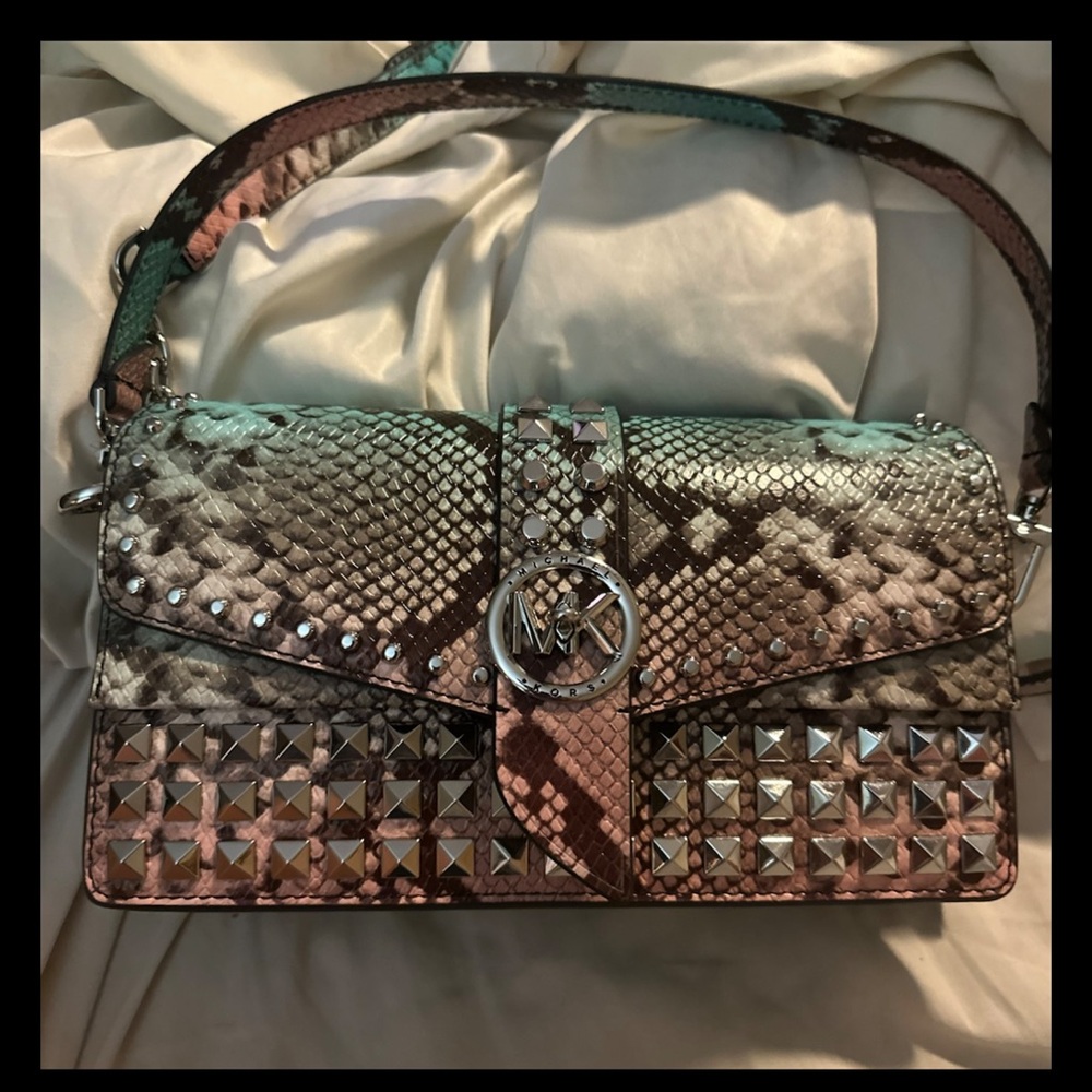 Michael Kors Studded Snake Print Shoulder Bag